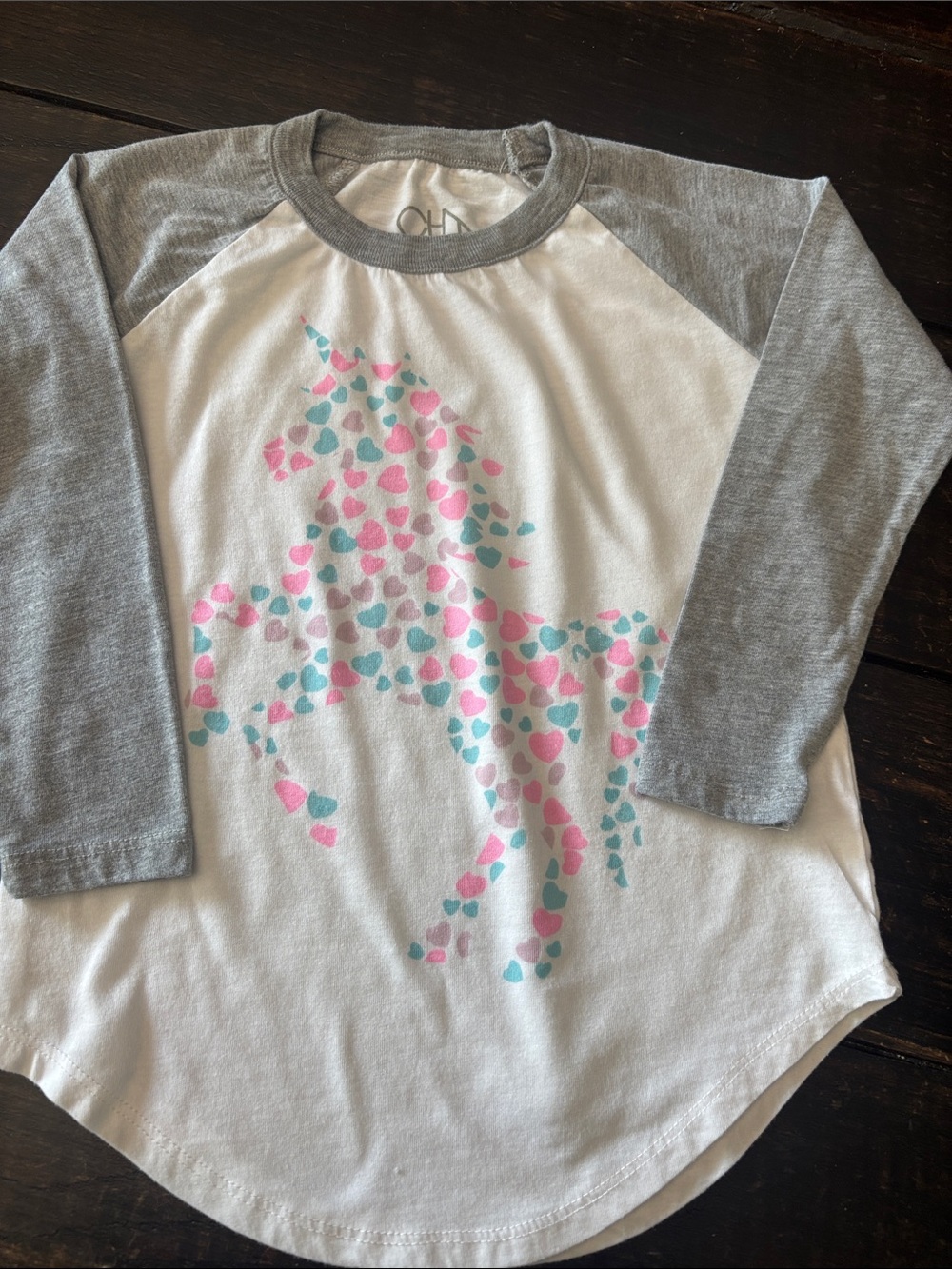 Chaser White & Gray Raglan Tee with Pink and Aqua Heart Unicorn